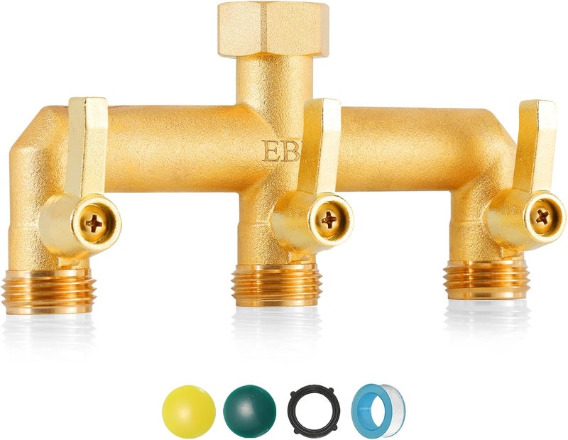 EBH Brass Garden Hose Splitter, 3 Way Outdoor Faucet Splitter, 3 Long Metal Handle and Individual On/Off Valve, GHT 3/4-Inch Heavy Duty Hex Female Inlet and 3/4-Inch Male Outlet - Image 1